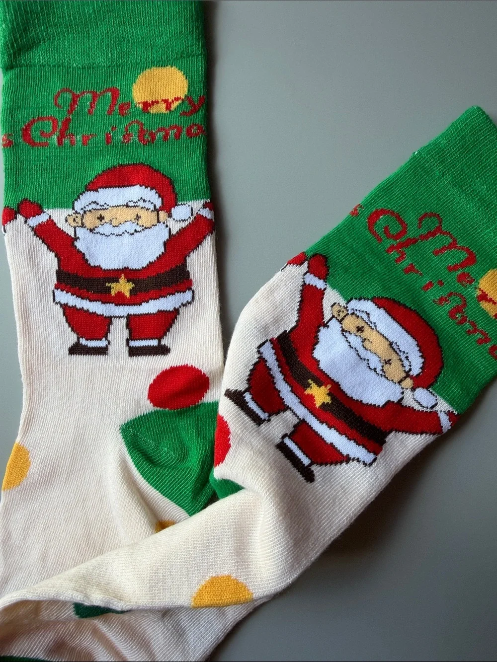 Merry Christmas Santa Crew Socks - Green & Cream Dots Festive Socks-NWOT